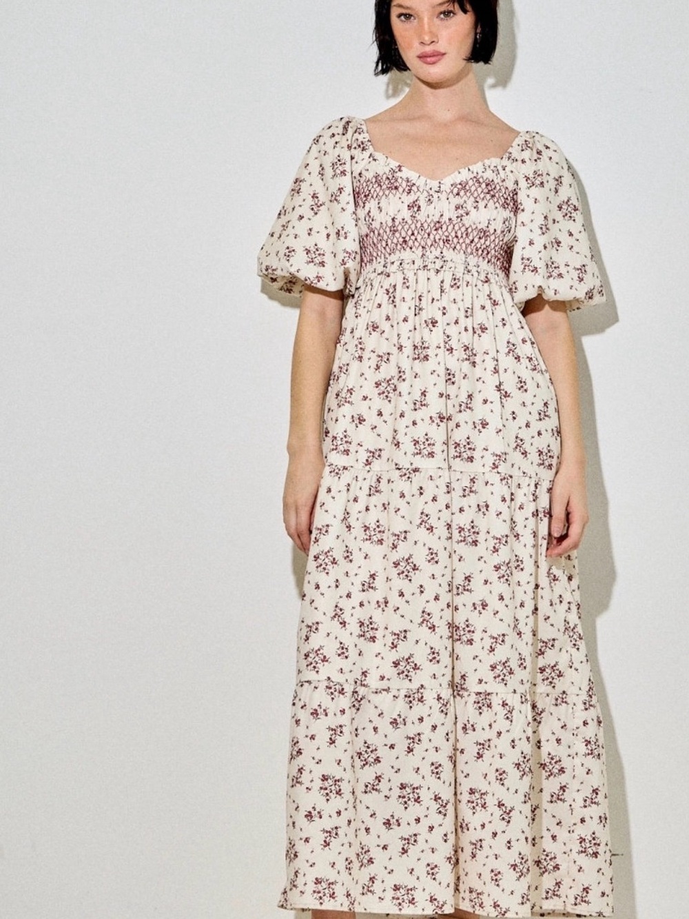 Floral Smocked Puff-Sleeve Maxi Dress - Cream with Rose Print